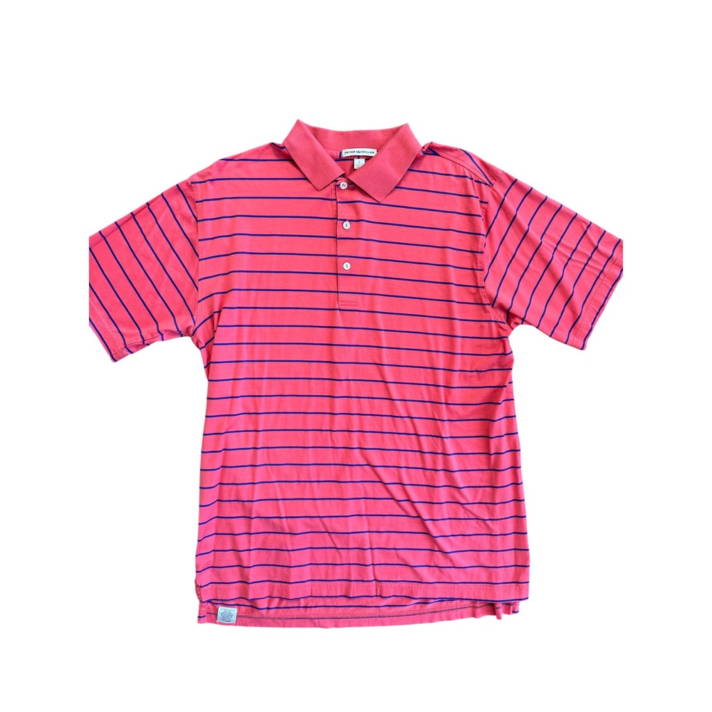 Peter‎ Millar Mens Large Coral Pink Navy Blue Striped Cotton Short Sleeve Polo